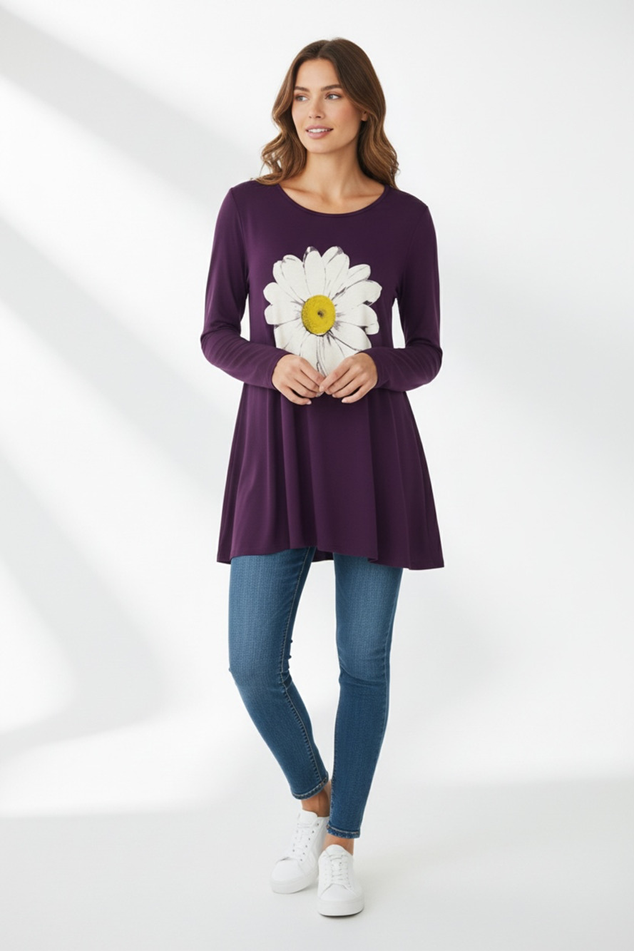Magic Fit Purple Long Sleeve Daisy Graphic Print Tunic Top size 1XL